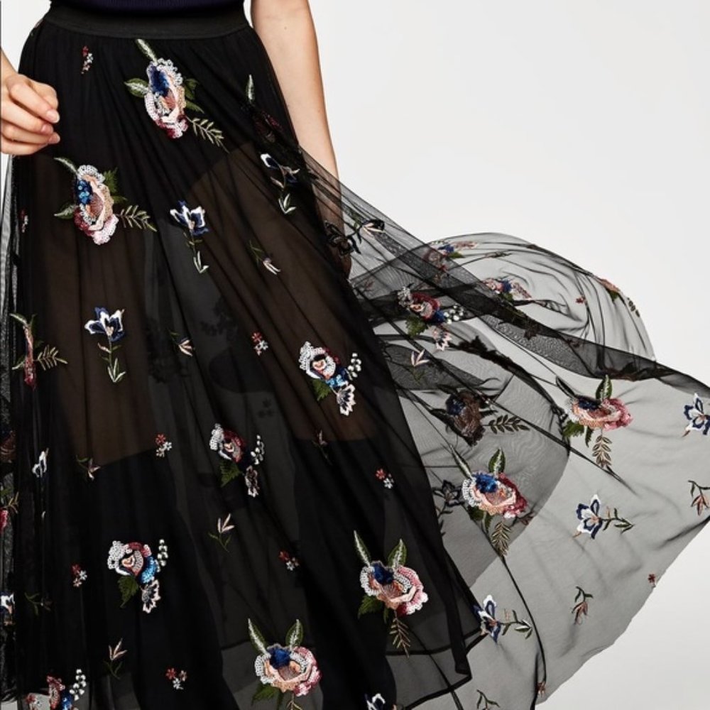 Zara Black Tulle Floral Beaded Skirt